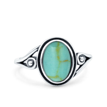 Petite Dainty Oval Vintage Style Ring Oxidized Solid Simulated Turquoise 925 Sterling Silver